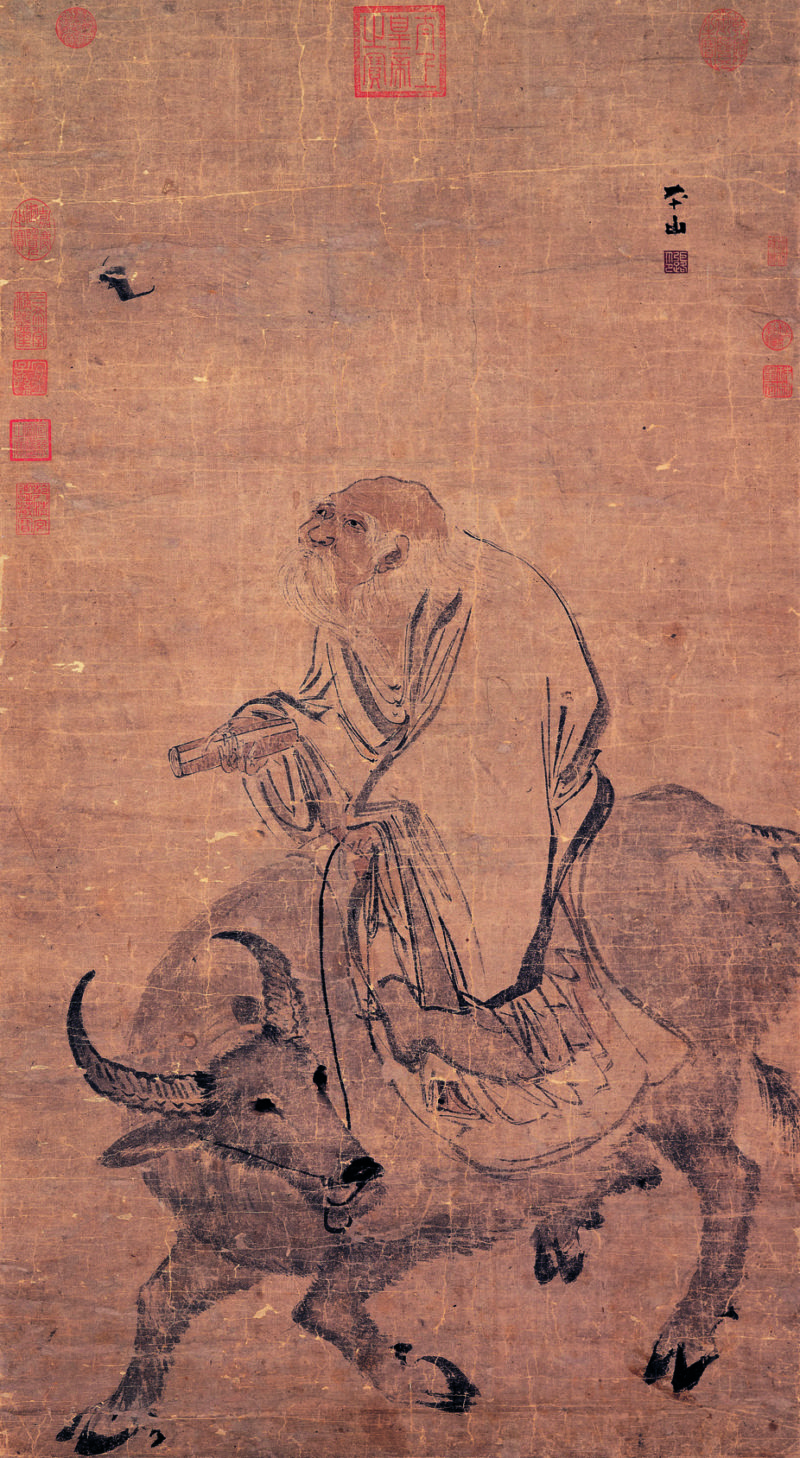 Antica stampa cinese che rappresenta Lao-Tsu che migra cavalcando un bufalo con il suo Tao Te Ching in mano.
